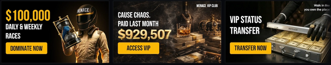 Menace Casino promotions — $100,000 daily and weekly races, VIP club and VIP status transfer